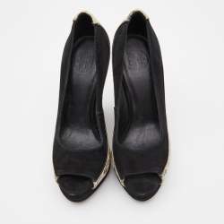Tory Burch Black/Grey Suede and Python Embossed Leather Sandra Wedge Peep Toe Pumps Size 36.5
