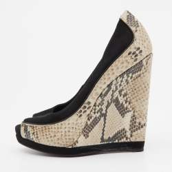 Tory Burch Black/Grey Suede and Python Embossed Leather Sandra Wedge Peep Toe Pumps Size 36.5