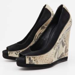 Tory Burch Black/Grey Suede and Python Embossed Leather Sandra Wedge Peep Toe Pumps Size 36.5