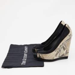 Tory Burch Black/Grey Suede and Python Embossed Leather Sandra Wedge Peep Toe Pumps Size 36.5