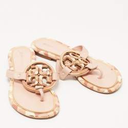 Pre Owned Tory Burch Pink Leather Enamel Logo Miller Thong Flats Size 36.5