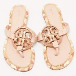 Pre Owned Tory Burch Pink Leather Enamel Logo Miller Thong Flats Size 36.5