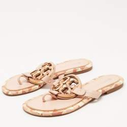Pre Owned Tory Burch Pink Leather Enamel Logo Miller Thong Flats Size 36.5
