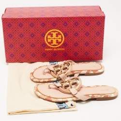 Pre Owned Tory Burch Pink Leather Enamel Logo Miller Thong Flats Size 36.5