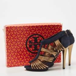 Pre Owned Tory Burch Blue/Gold Suede and Leather Strappy Sandals Size 40