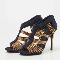 Pre Owned Tory Burch Blue/Gold Suede and Leather Strappy Sandals Size 40