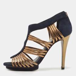 Pre Owned Tory Burch Blue/Gold Suede and Leather Strappy Sandals Size 40