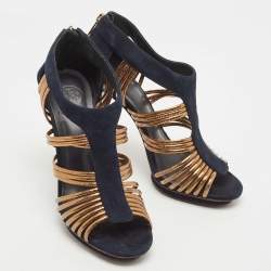 Pre Owned Tory Burch Blue/Gold Suede and Leather Strappy Sandals Size 40