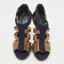 Pre Owned Tory Burch Blue/Gold Suede and Leather Strappy Sandals Size 40