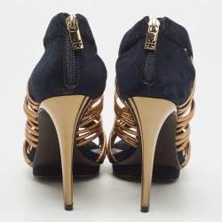 Pre Owned Tory Burch Blue/Gold Suede and Leather Strappy Sandals Size 40