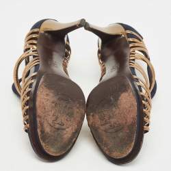 Pre Owned Tory Burch Blue/Gold Suede and Leather Strappy Sandals Size 40