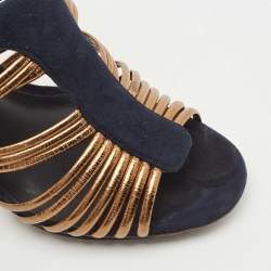 Pre Owned Tory Burch Blue/Gold Suede and Leather Strappy Sandals Size 40