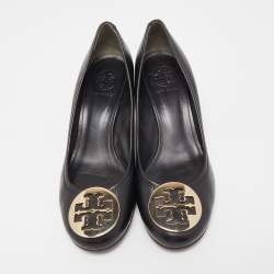 Pre Owned Tory Burch Black Leather Sophie Wedge Pumps Size 39.5