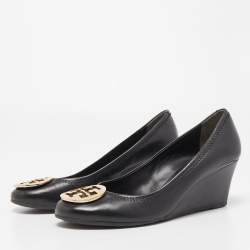 Pre Owned Tory Burch Black Leather Sophie Wedge Pumps Size 39.5