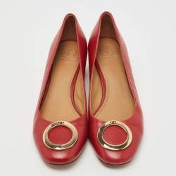 Pre Owned Tory Burch Red Leather Caterina Block Heel Pumps Size 39