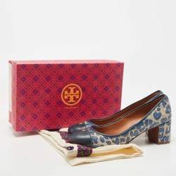 Pre Owned Tory Burch Blue/Cream Printed Raffia and Leather Ethel Pumps Size 39.5