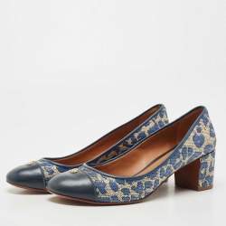 Pre Owned Tory Burch Blue/Cream Printed Raffia and Leather Ethel Pumps Size 39.5