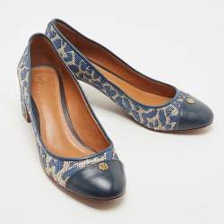 Pre Owned Tory Burch Blue/Cream Printed Raffia and Leather Ethel Pumps Size 39.5