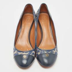 Pre Owned Tory Burch Blue/Cream Printed Raffia and Leather Ethel Pumps Size 39.5