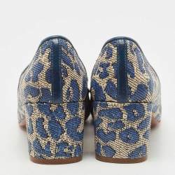 Pre Owned Tory Burch Blue/Cream Printed Raffia and Leather Ethel Pumps Size 39.5