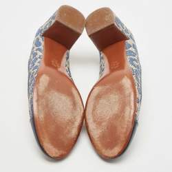 Pre Owned Tory Burch Blue/Cream Printed Raffia and Leather Ethel Pumps Size 39.5