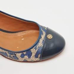 Pre Owned Tory Burch Blue/Cream Printed Raffia and Leather Ethel Pumps Size 39.5