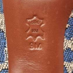 Pre Owned Tory Burch Blue/Cream Printed Raffia and Leather Ethel Pumps Size 39.5