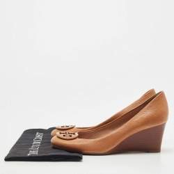 Pre Owned Tory Burch Brown Leather Wedge Pumps Size 37
