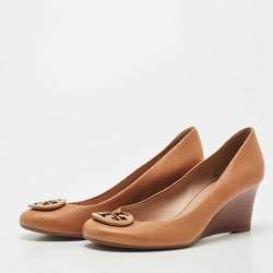 Pre Owned Tory Burch Brown Leather Wedge Pumps Size 37