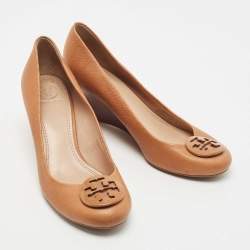 Pre Owned Tory Burch Brown Leather Wedge Pumps Size 37