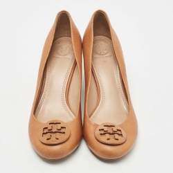 Pre Owned Tory Burch Brown Leather Wedge Pumps Size 37