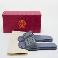 Pre Owned Tory Burch Ash Blue Patent Leather Double T Sport Slides Size 39.5