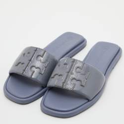 Pre Owned Tory Burch Ash Blue Patent Leather Double T Sport Slides Size 39.5