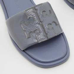 Pre Owned Tory Burch Ash Blue Patent Leather Double T Sport Slides Size 39.5