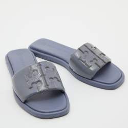 Pre Owned Tory Burch Ash Blue Patent Leather Double T Sport Slides Size 39.5