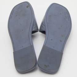 Pre Owned Tory Burch Ash Blue Patent Leather Double T Sport Slides Size 39.5