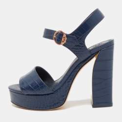 Pre Owned Tory Burch Blue Croc Embossed Leather Martine Platform Ankle Strap Sandals Size 35.5