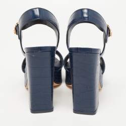 Pre Owned Tory Burch Blue Croc Embossed Leather Martine Platform Ankle Strap Sandals Size 35.5