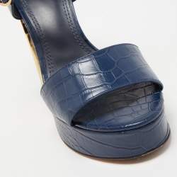 Pre Owned Tory Burch Blue Croc Embossed Leather Martine Platform Ankle Strap Sandals Size 35.5