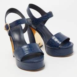 Pre Owned Tory Burch Blue Croc Embossed Leather Martine Platform Ankle Strap Sandals Size 35.5