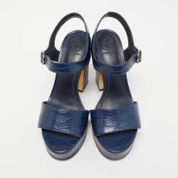 Pre Owned Tory Burch Blue Croc Embossed Leather Martine Platform Ankle Strap Sandals Size 35.5