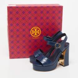 Pre Owned Tory Burch Blue Croc Embossed Leather Martine Platform Ankle Strap Sandals Size 35.5