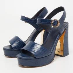 Pre Owned Tory Burch Blue Croc Embossed Leather Martine Platform Ankle Strap Sandals Size 35.5