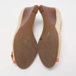 Pre Owned Tory Burch Coral Orange/Beige Leather and Canvas Amanda Peep Toe Wedge Pumps Size 37.5