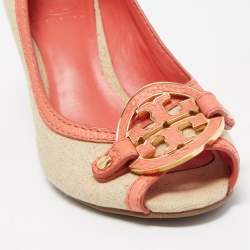 Pre Owned Tory Burch Coral Orange/Beige Leather and Canvas Amanda Peep Toe Wedge Pumps Size 37.5