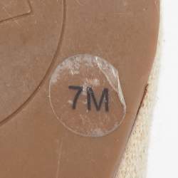 Pre Owned Tory Burch Coral Orange/Beige Leather and Canvas Amanda Peep Toe Wedge Pumps Size 37.5