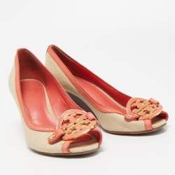 Pre Owned Tory Burch Coral Orange/Beige Leather and Canvas Amanda Peep Toe Wedge Pumps Size 37.5