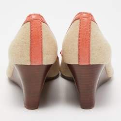 Pre Owned Tory Burch Coral Orange/Beige Leather and Canvas Amanda Peep Toe Wedge Pumps Size 37.5