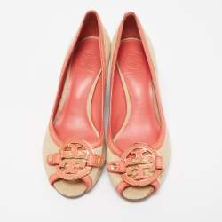Pre Owned Tory Burch Coral Orange/Beige Leather and Canvas Amanda Peep Toe Wedge Pumps Size 37.5