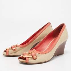 Pre Owned Tory Burch Coral Orange/Beige Leather and Canvas Amanda Peep Toe Wedge Pumps Size 37.5